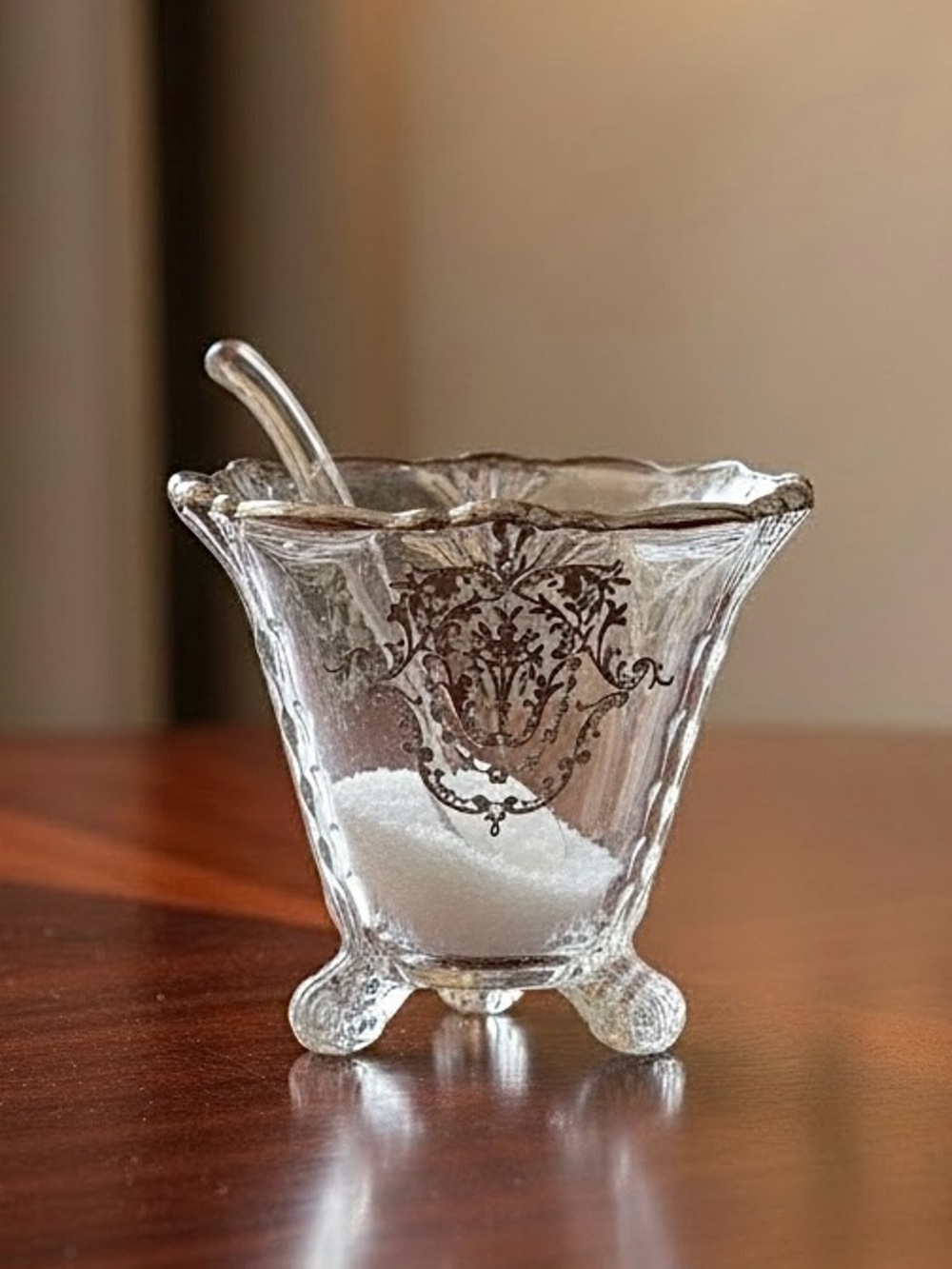 Vintage Heisey Empress Bowl with Ladle Silver Overlay Condiment Dish Candy Bowl